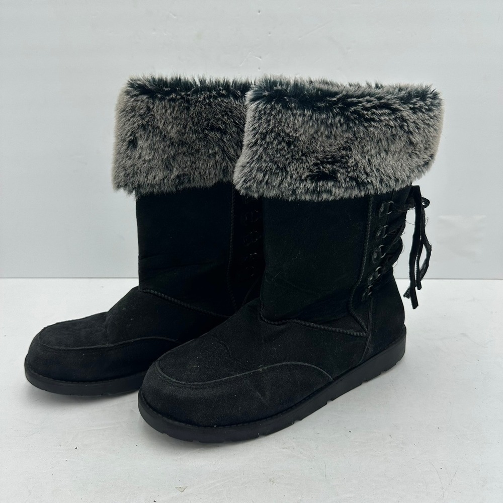 Rampage Aligner Womens Y2K Black Faux Fur Trim Back Lace Up Size 7.5 Bratz Goth